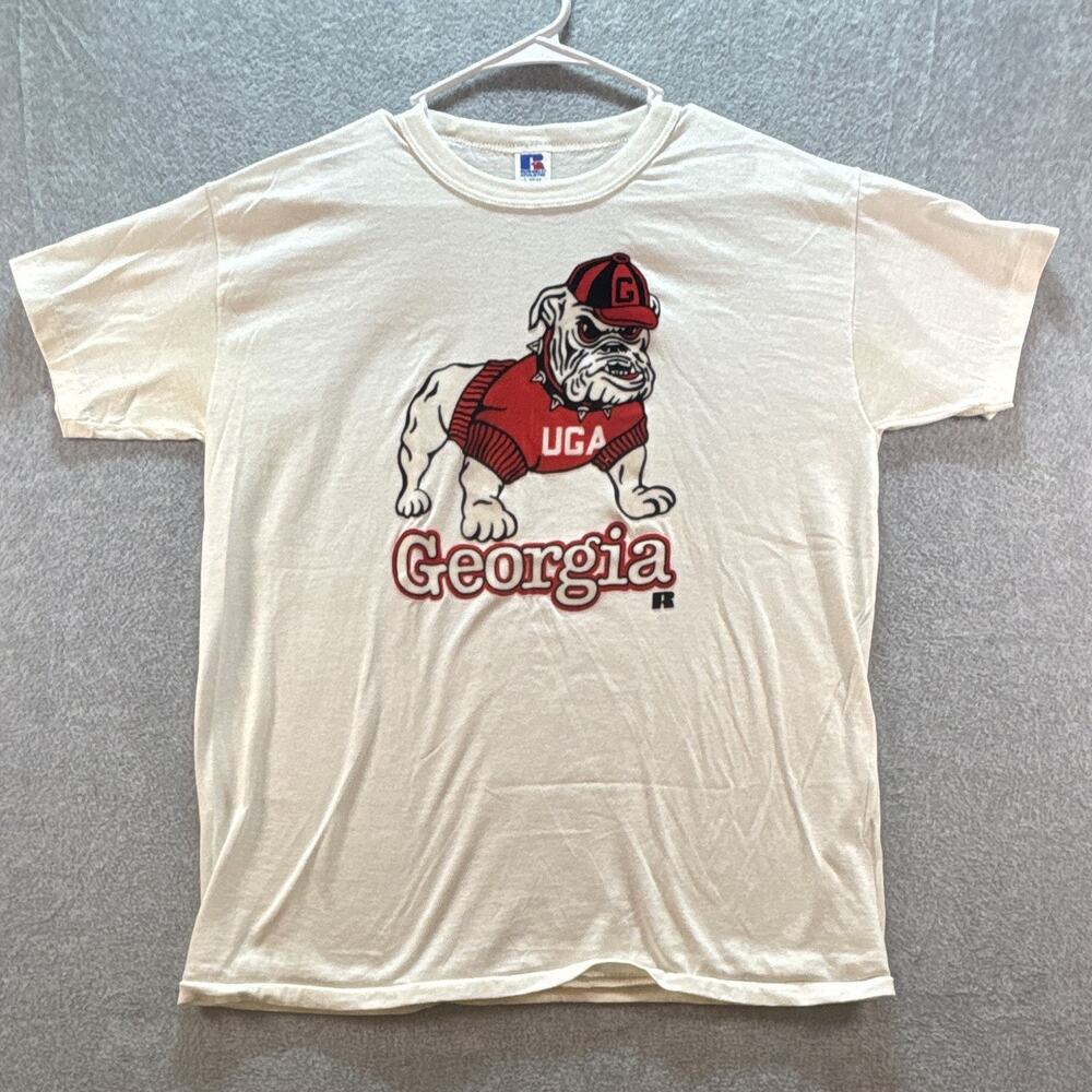 VTG Georgia Bulldogs UGA Graphic T-Shirt single stitch felt logo Sz L Russell